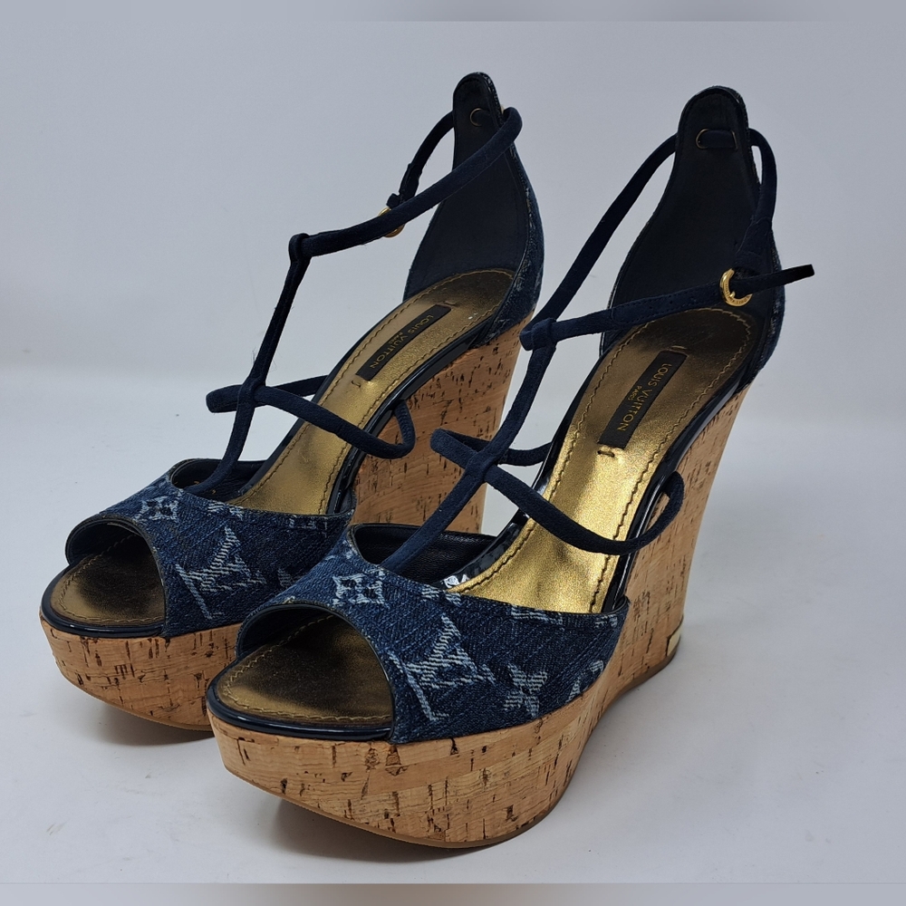 Louis Vuitton Monogram Denim Wedge Platform Ankle Wrap Pumps Shoes 7.5 / 37.5 EU - Picture 1 of 16